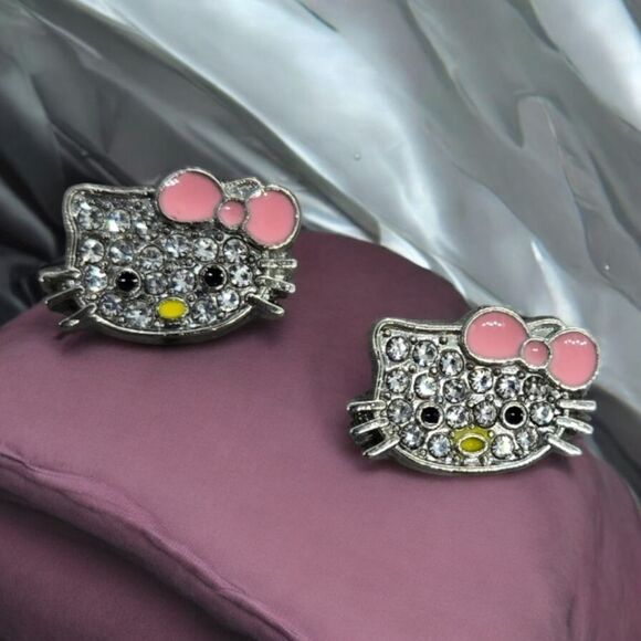 Hello Kitty Earrings Rhinestone Enamel Pink Bow Pierced Ears Cat Studs Jewelry - Picture 8 of 8
